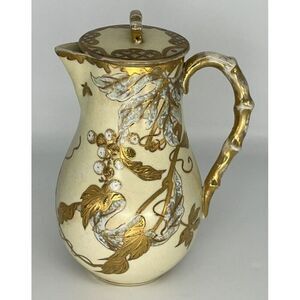 Antique English Staffordshire Ivory and Gold Gilded‎ Pottery Teapot